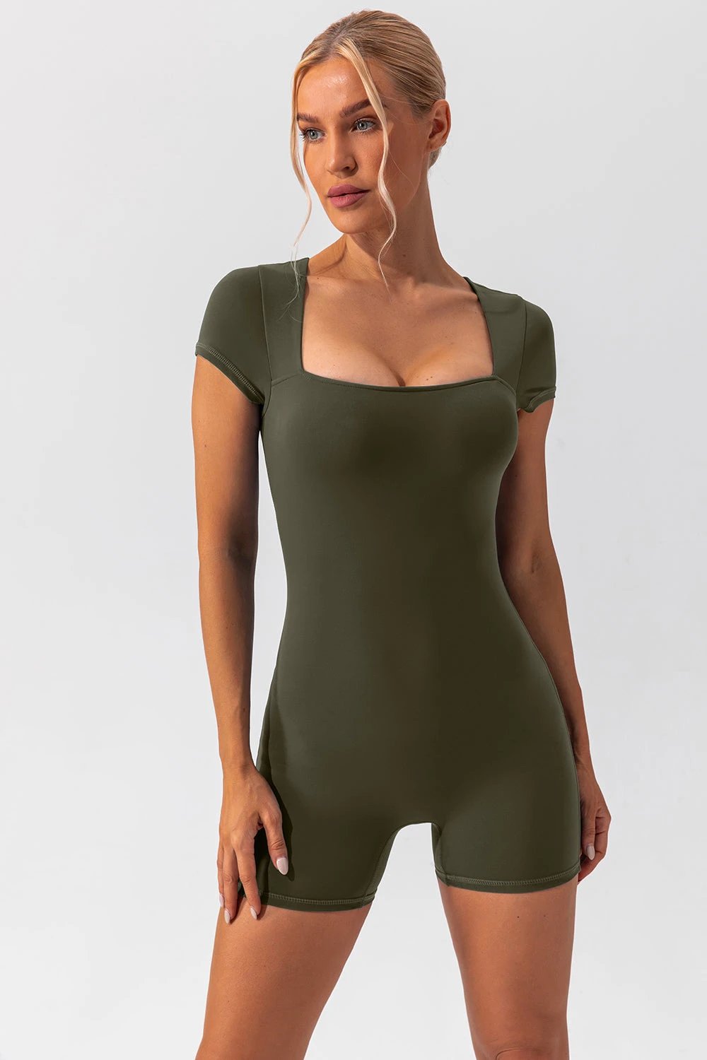 Square Neck Cap Sleeve Active Romper by Lady Ros