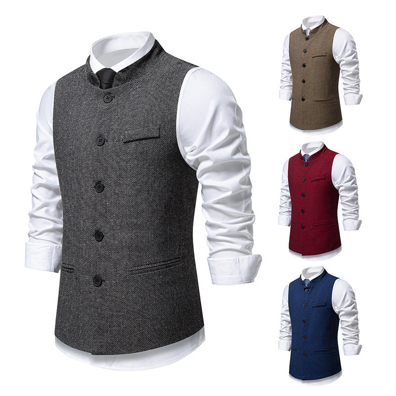 Men's Retro Stand Collar Herringbone Solid Color Suit Vest