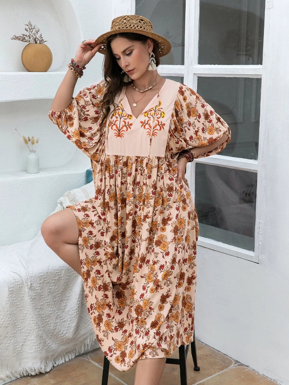 Back-to-School Plus Size Printed Tie-Neck Midi Dress by Lady Ros
