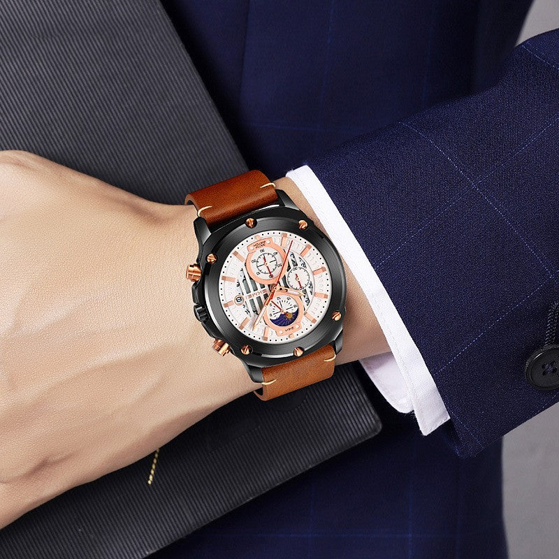 Men's Fashion Trend Leather-belt Three Eyes And Six Needles Quartz Watch
