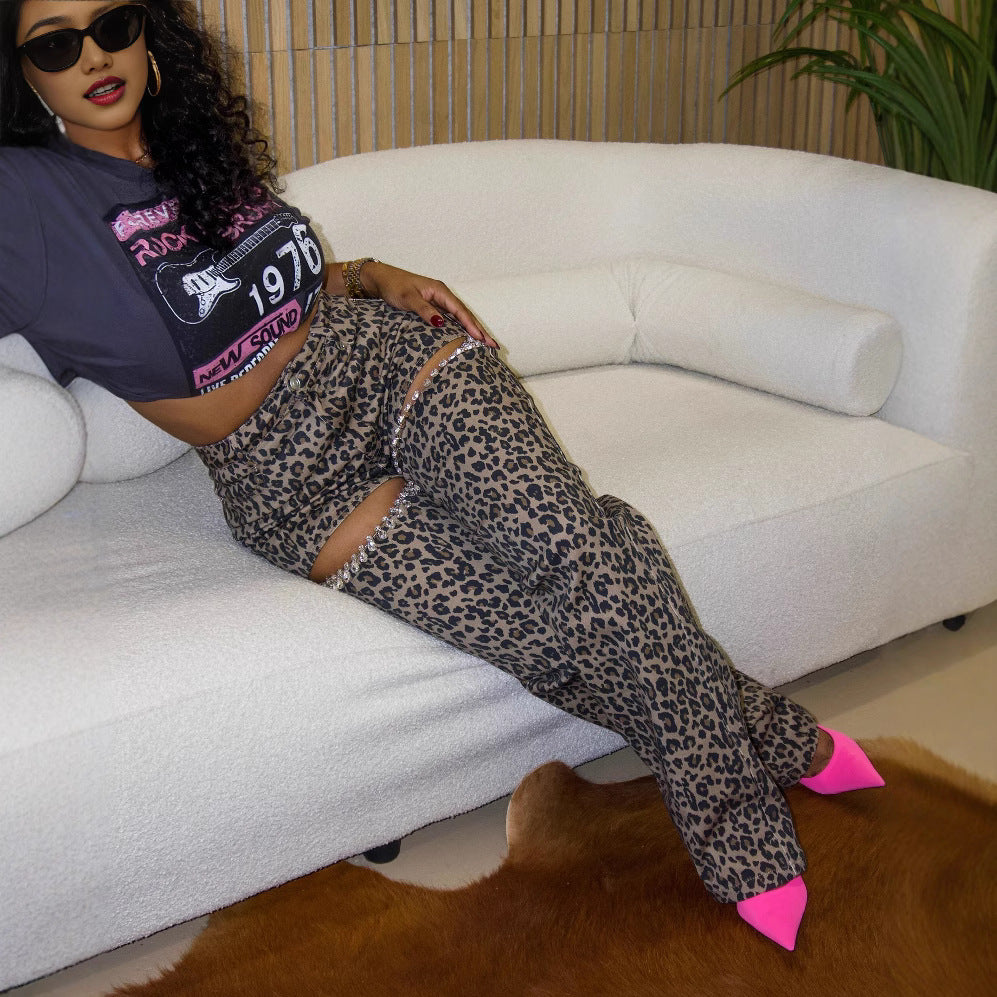 High Waist Hollow-out Leopard Print Handmade Diamond Casual Trousers