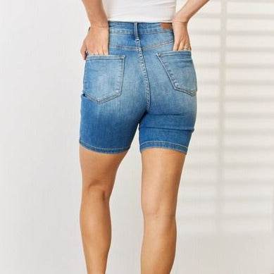 Judy Blue Full Size Tummy Control Double Button Bermuda Denim Women Shorts