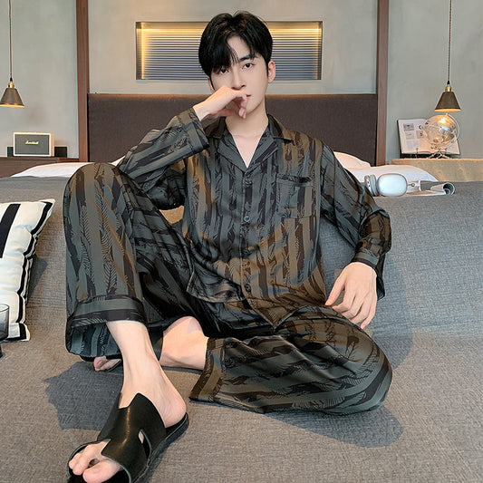 Men's Silk Pajamas V-neck Long Sleeve Two-piece Set