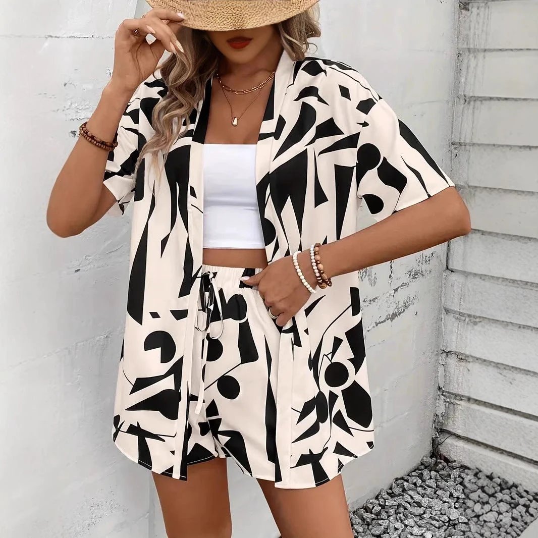 Printed Set Loose-fitting Shirt And Shorts Two-piece by GJG Denim