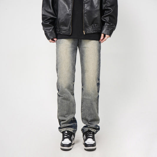 High Street Washed Yellow Mud Dyed Loose Straight Jeans For Men
