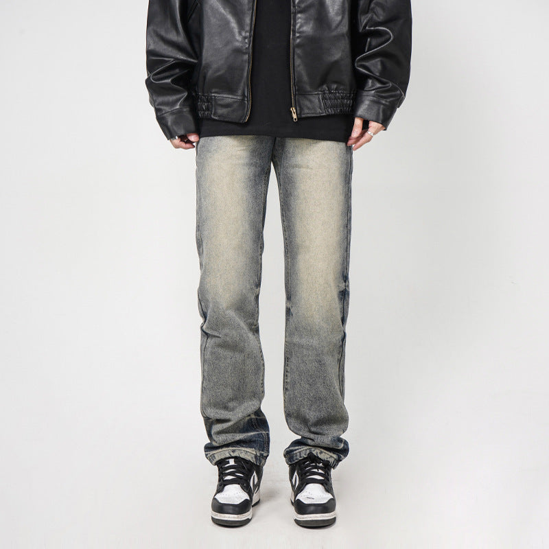 High Street Washed Yellow Mud Dyed Loose Straight Jeans For Men