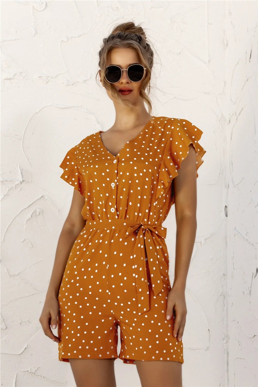 Ruffled Polka Dot Half Button Romper by Lady Ros