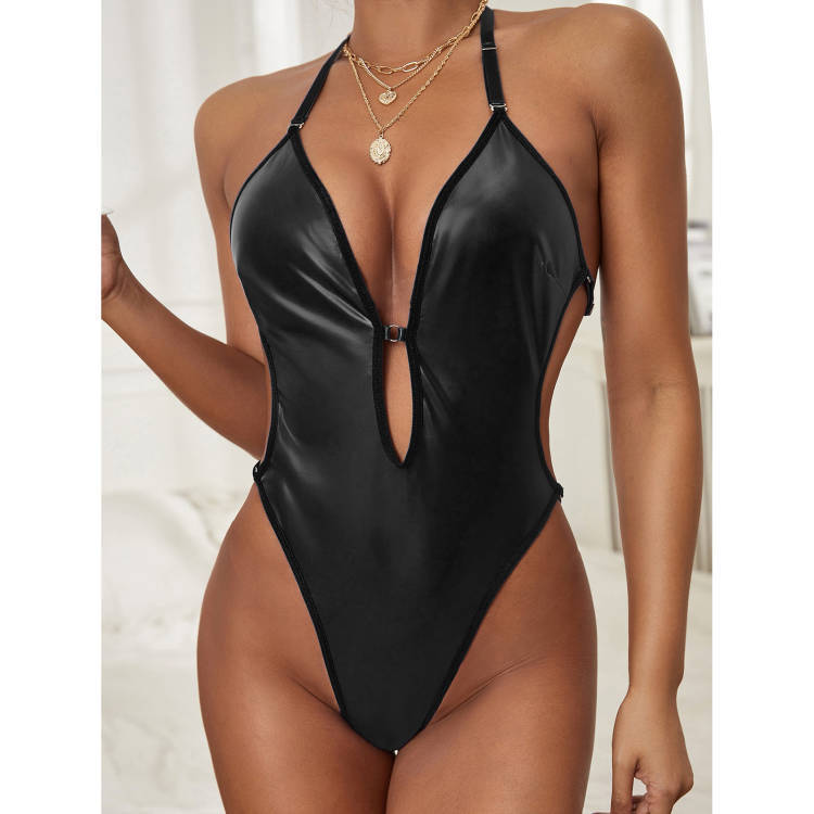 Women's Fashion Halter Patent Leather Bodysuit