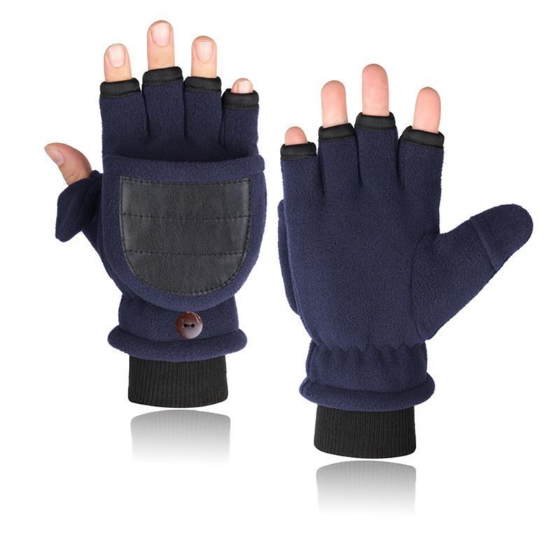 Men's Double-layer Velvet Flip Touch Screen Half Finger Gloves