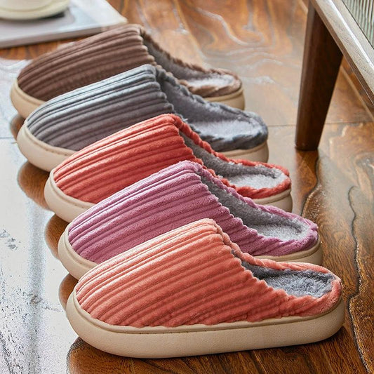 Fashion Corduroy Stripe Slippers For Women Warm Winter House Shoes Indoor Floor Bedroom Solid Color Non-slip Plush Slippers by GJG Denim