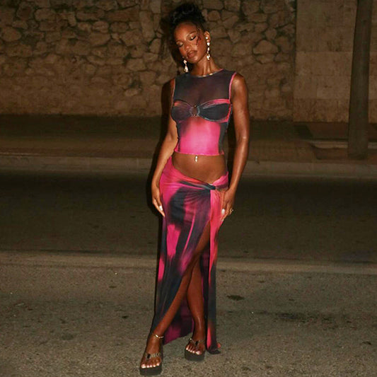 Women's Sleeveless Printed Mesh Half-length Long Dress Suit