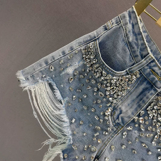 Ripped Rhinestone Denim Shorts