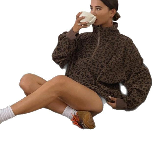 Casual Leopard Print Pattern Corduroy Zipper Sweater