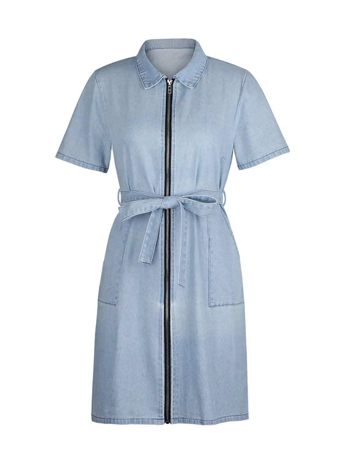 Full Size Zip Front Short Sleeve Denim Dress Plus Size by Lady Ros