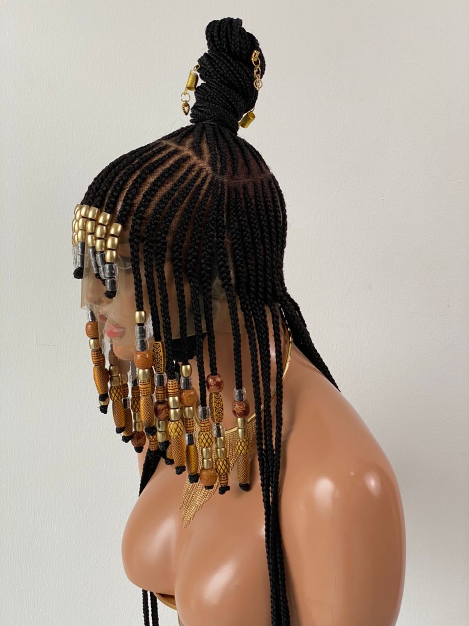 Queen Arewa Cornrow Beaded Wig (100% Full Lace Base) Color 1B