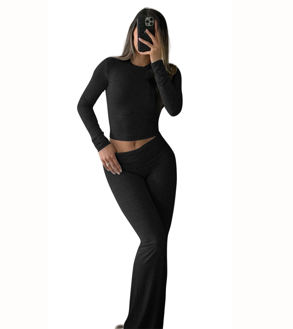 Long Sleeved High Waisted Foldable Flared Pants Set