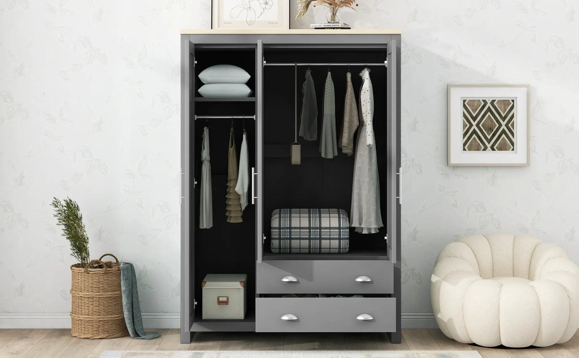 Three Door Storage Wardrobe With Cabinets And Two Hanging Rods,Gray by GJG Denim