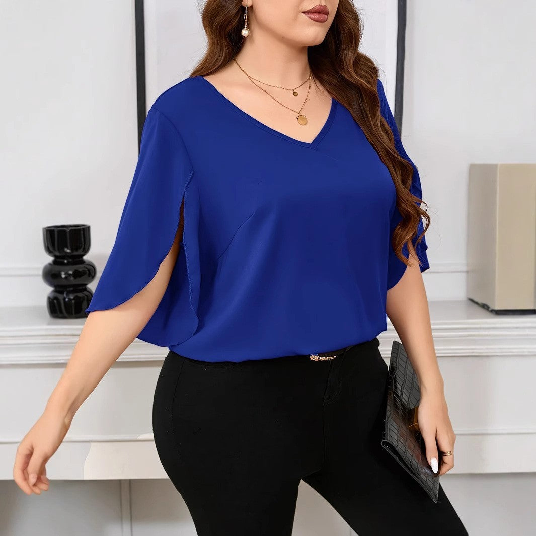 Fashion Solid Color Plus Size T-shirt Loose All-match V-neck
