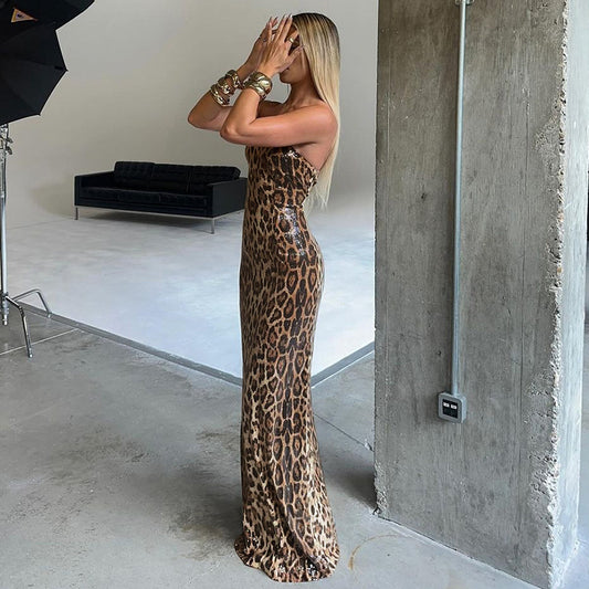 European And American Contrast Color Leopard Print Sexy Tube Top Dress Women
