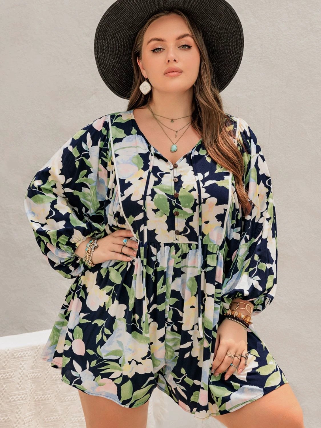 Plus Size Tied Printed Long Sleeve Romper by Lady Ros
