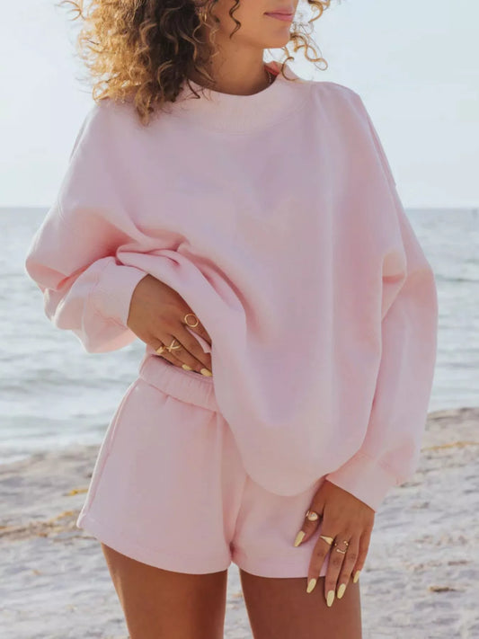 Relaxed Fit Round Neck Sweatshirt and Shorts Set