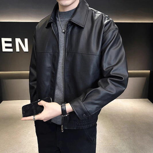 Men's Slim-fit Trendy High-grade Pu Shuai Motorcycle Retro Leather Coat