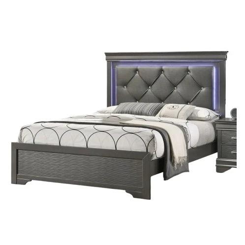 Dark Gray Faux Leather Tufted Headboard 1pc Queen Size Bed W LED Bedroom Furniture Gray Unique Texture FB Solid Wood by GJG Denim