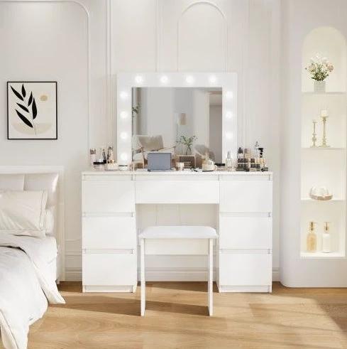 Large White Vanity Table With Mirror And Light by GJG Denim