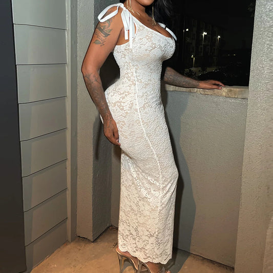 Lace Bow Sexy Backless Lace Double Layer Length Dress