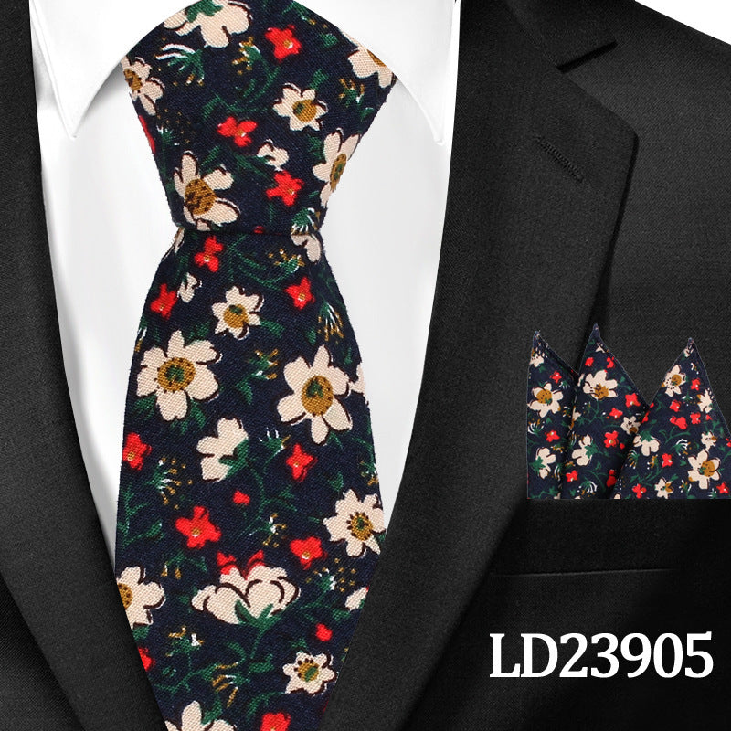 Men's Casual Cotton Floral Print 6cm Tie and Pocket Square