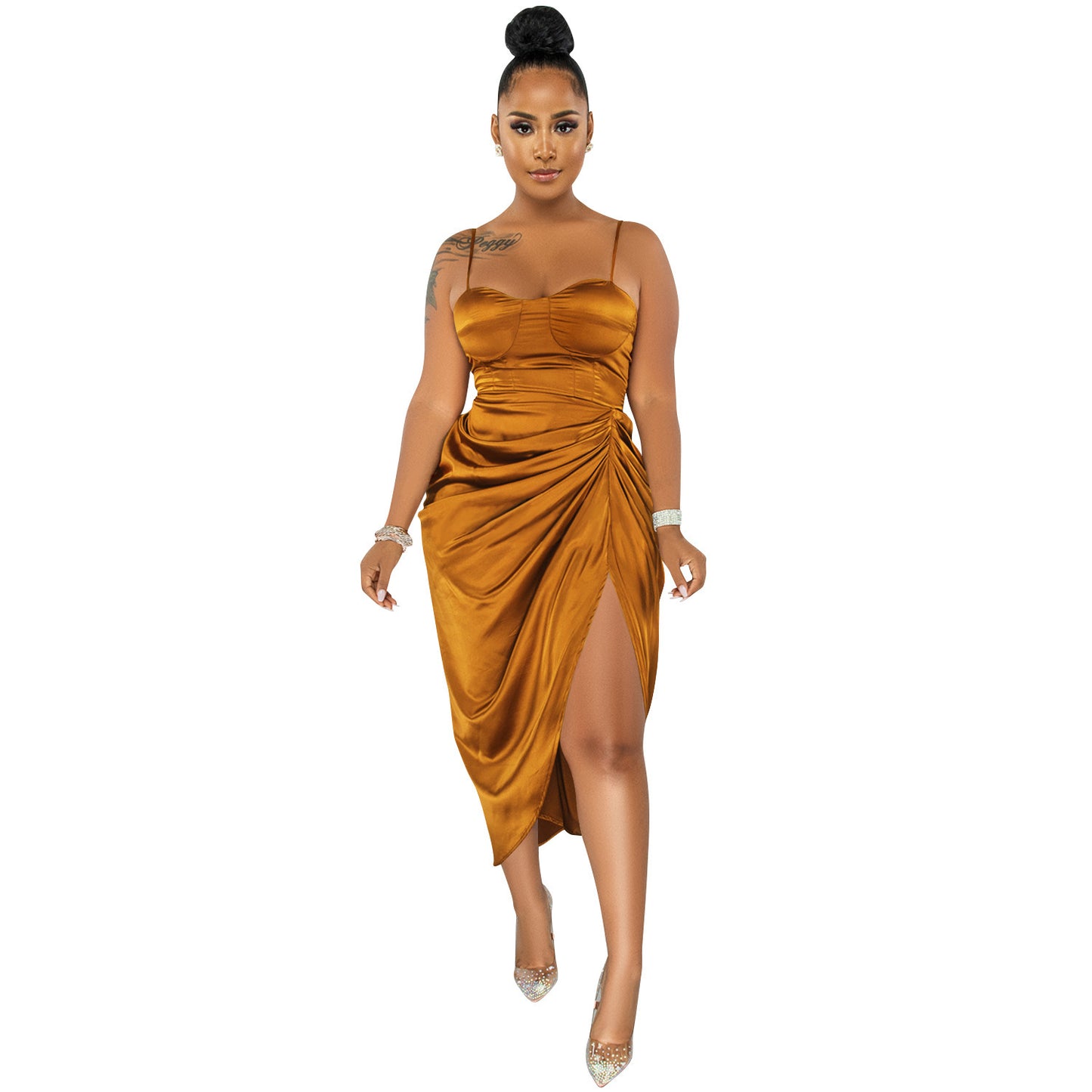 Fashion Solid Color Women's Sling Wrap Chest Ruched Slit Dress
