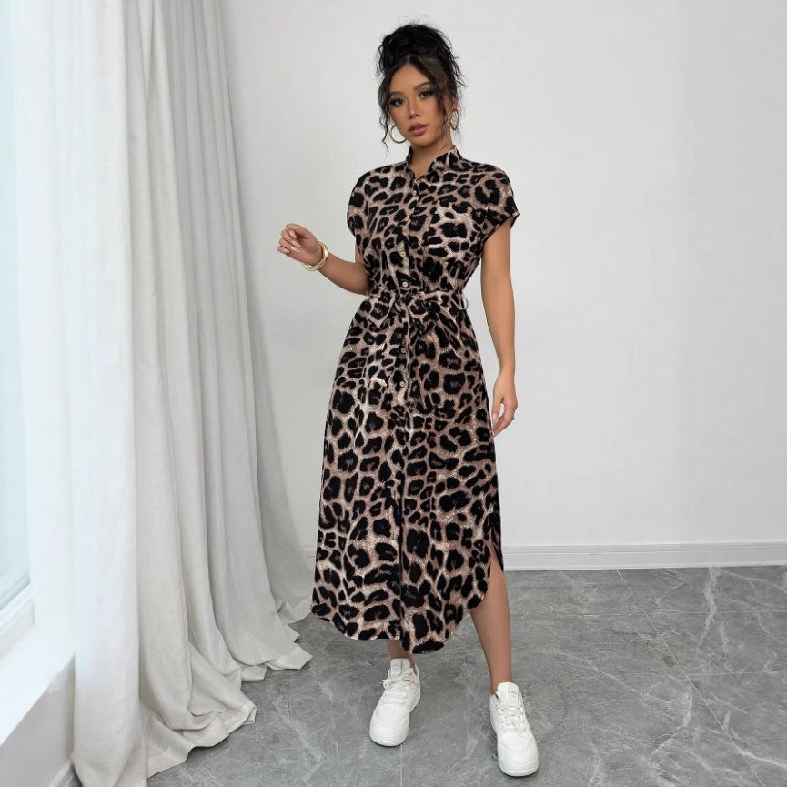 Leopard Print Front Button Shirt Belt Bow Shirt For Women