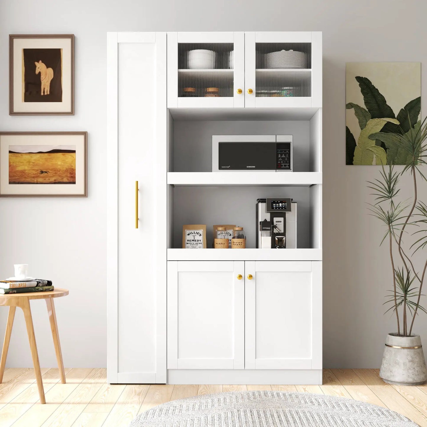 Kitchen Pantry Cabinet With Multi-functional Pull-out Multi-tier Storage Shelf,Farmhouse Storage Cabinet With 4 Doors,Pantry Organizers For Kitchen,Dining Room White by GJG Denim