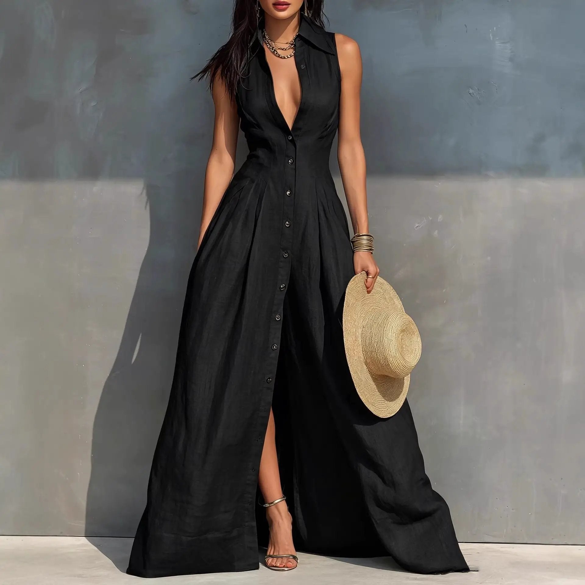 High-waisted Lapel Shirt-style Maxi Dress by GJG Denim
