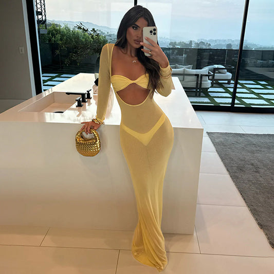 Sexy See-through Temptation Midriff Outfit Bandeau Slim-fit Long Sleeve Tight Dress