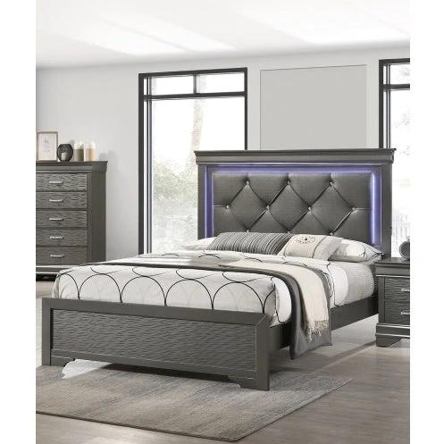 Dark Gray Faux Leather Tufted Headboard 1pc Queen Size Bed W LED Bedroom Furniture Gray Unique Texture FB Solid Wood by GJG Denim