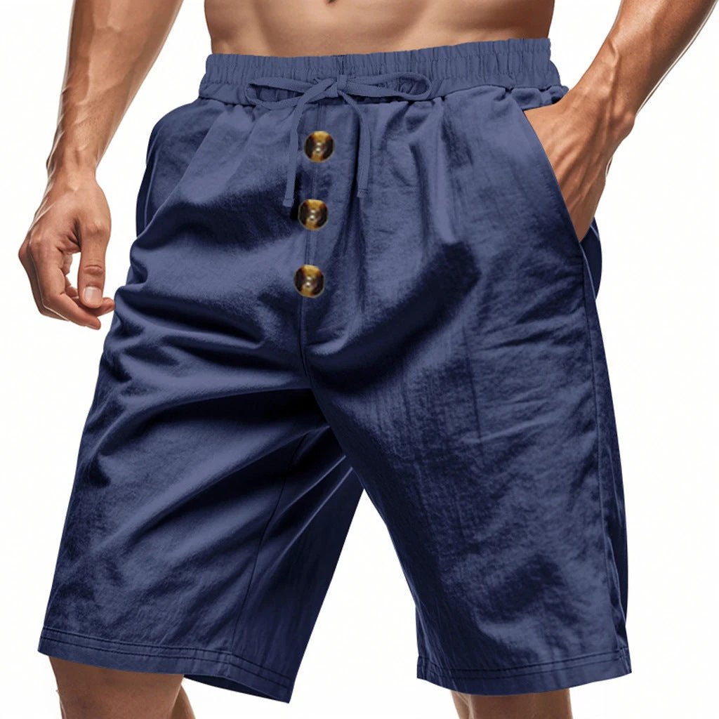 Men's Loose Linen Casual Button Cropped Shorts by GJG Denim