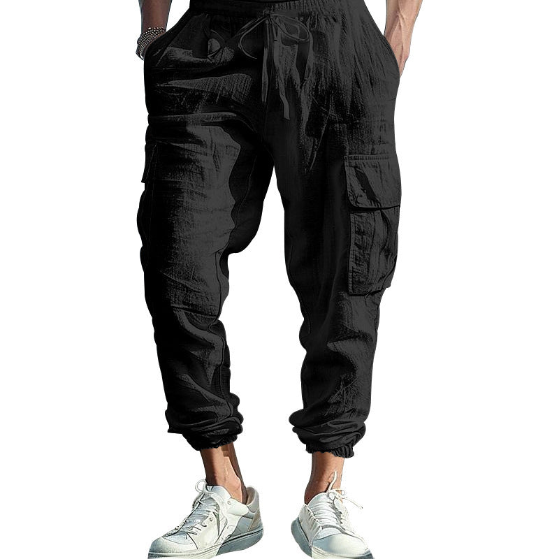 Men's Casual Ankle-tied Multi-pocket Tether Solid Color Loose Pants