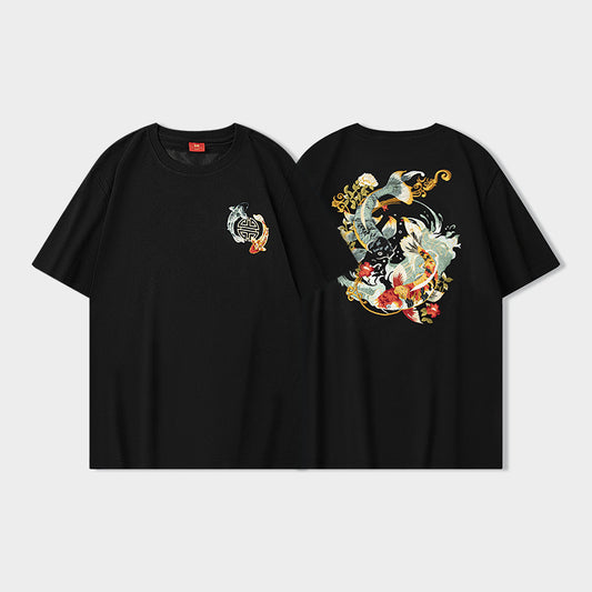 Loose Embroidered Floral Koi Short-sleeved T-shirt For Boys