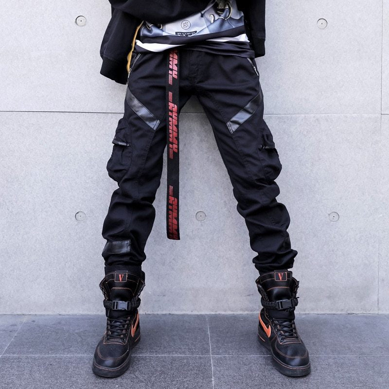 Men High Street Fashion Faux Leather Pocket Splice Casual Cargo Pants
