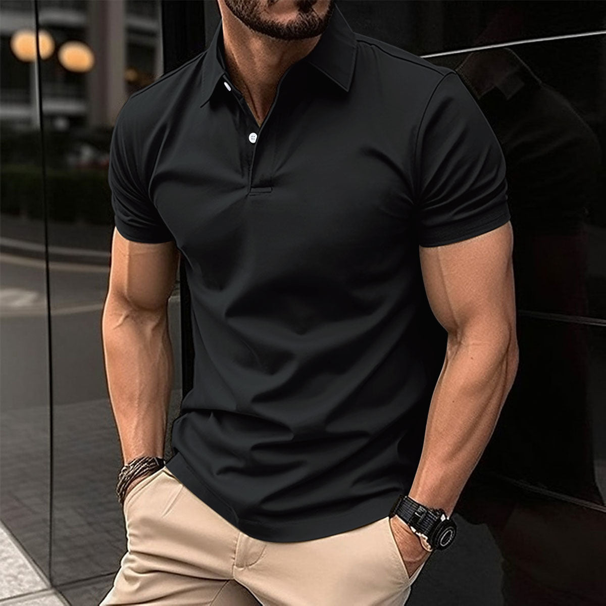 Short Sleeve Polo Shirt Men Solid Color Button Lapel Button Top