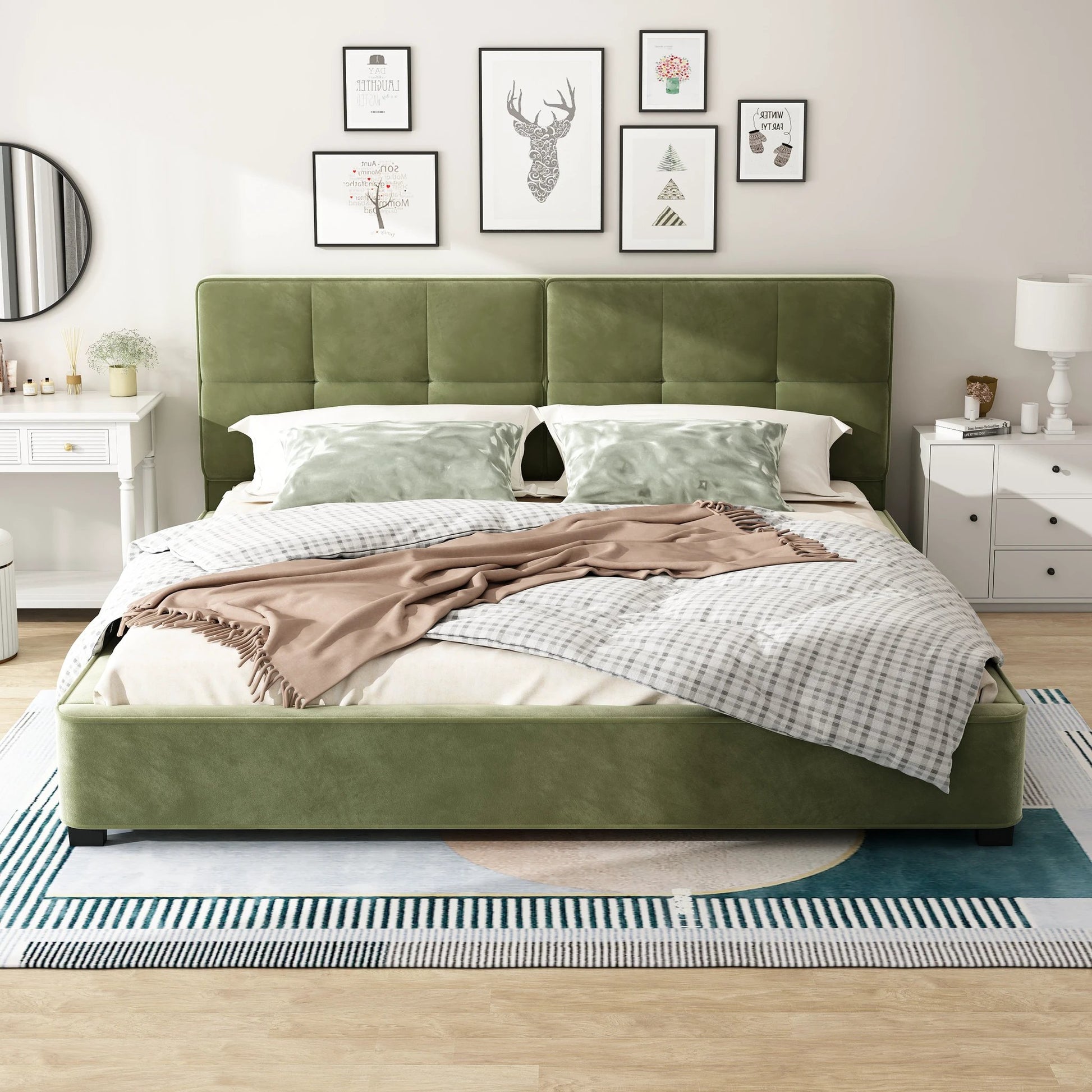 King Size Velvet Bed Frame, Upholstered Platform Bed With Curved Tufted Headboard, Soft Square Corners, Olive Green by GJG Denim