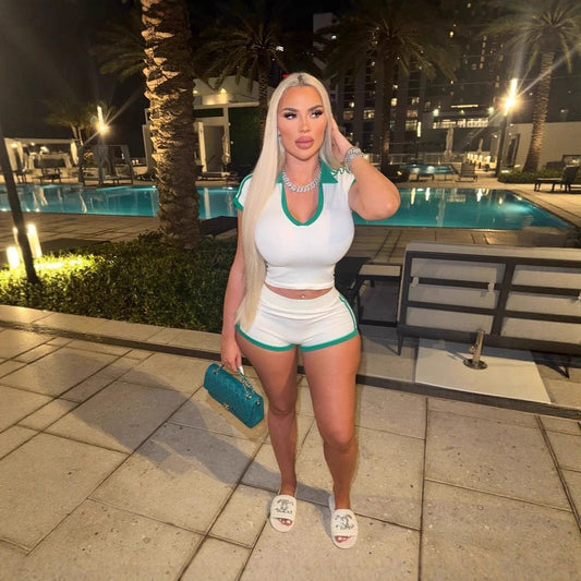 Fashionable Solid-Color U-Neck Short-Sleeve Shirt And Striped Butt-Lifting Shorts Set by GJG Denim