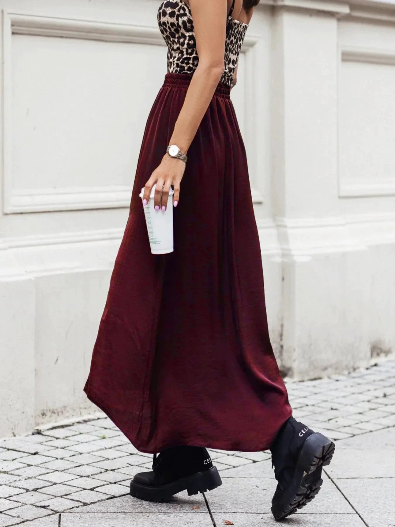 Elastic Waistband High-Slit Maxi Skirt by Lady Ros
