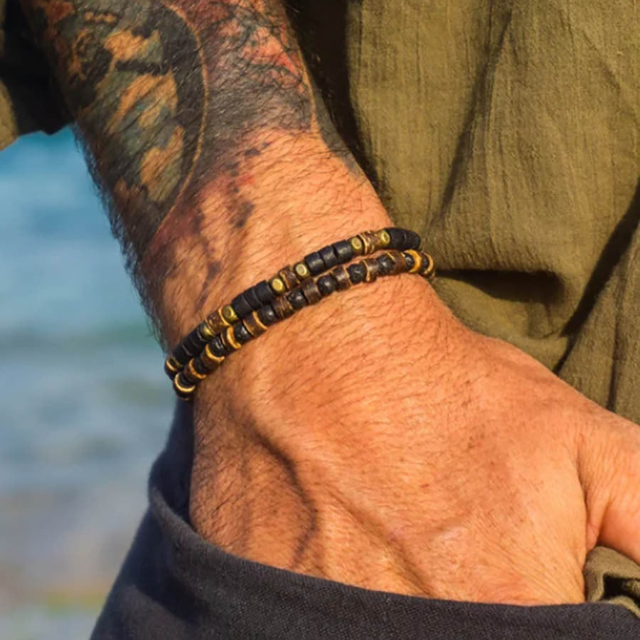 Retro Men's Coconut Wood Multi-Layer Stackable Bracelet Set