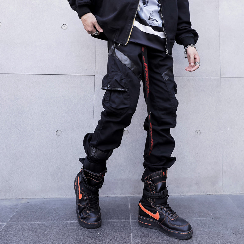 Men High Street Fashion Faux Leather Pocket Splice Casual Cargo Pants