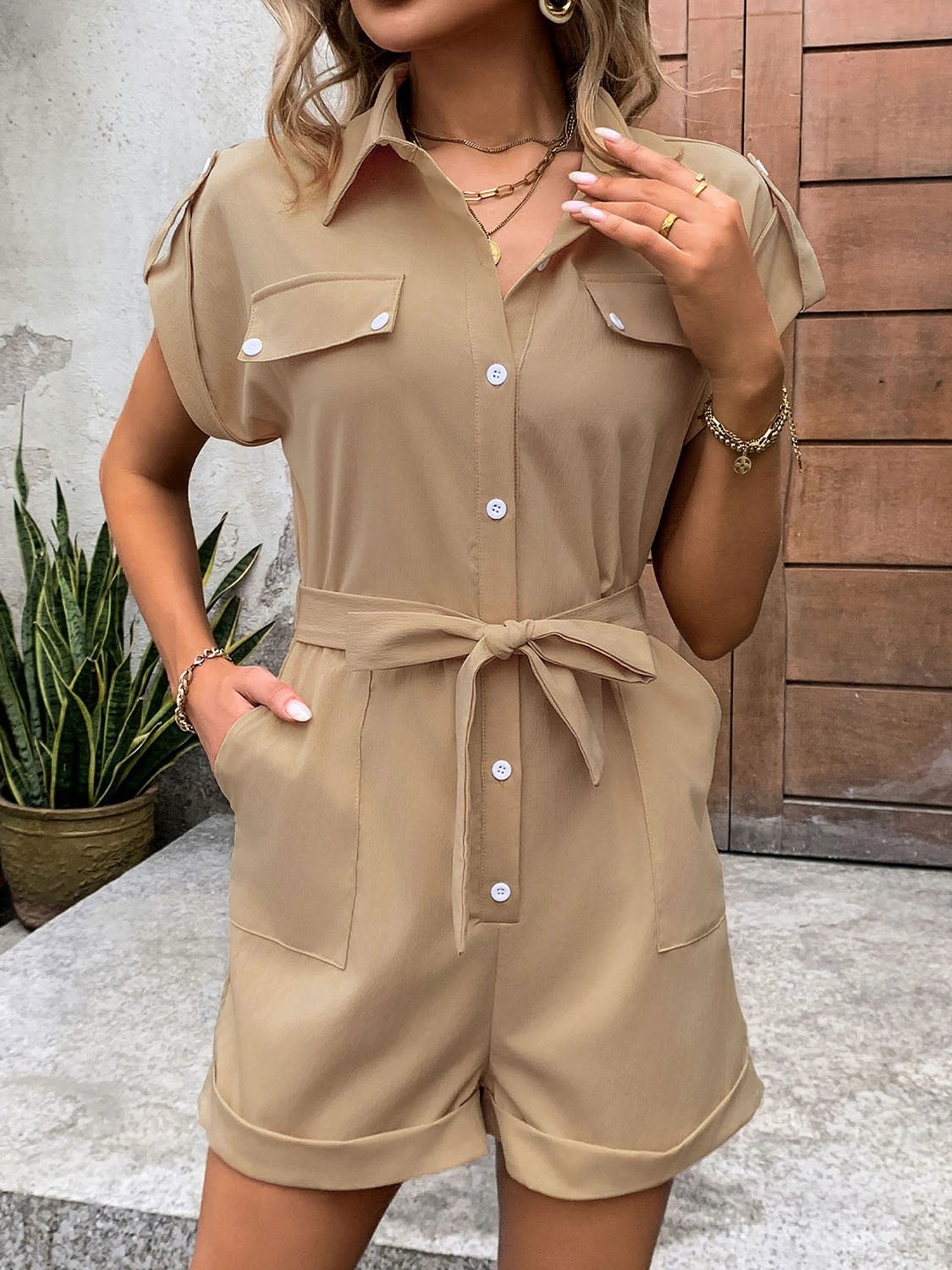 Collared Neck Tie Waist Romper with Pockets by Lady Ros