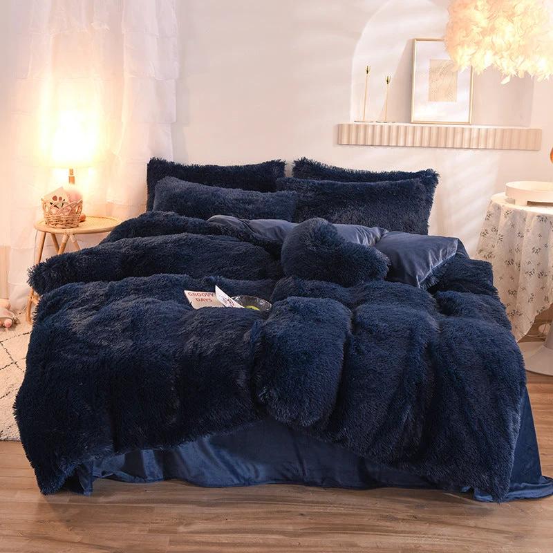 Luxury Thick Fleece Duvet Cover Queen King Winter Warm Bed Quilt Cover Pillowcase Fluffy Plush Shaggy Bedclothes Bedding Set Winter Body Keep Warm by GJG Denim