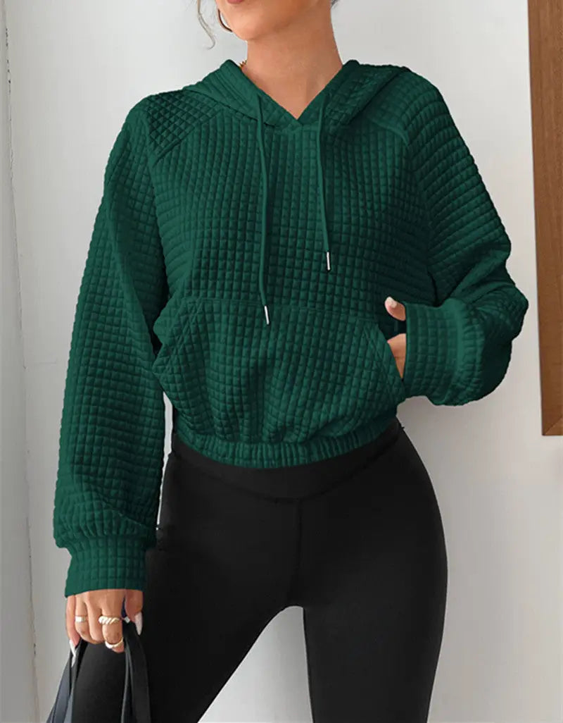 Women's Hooded Long-sleeved Patchwork Waffle Sweater by GJG Denim