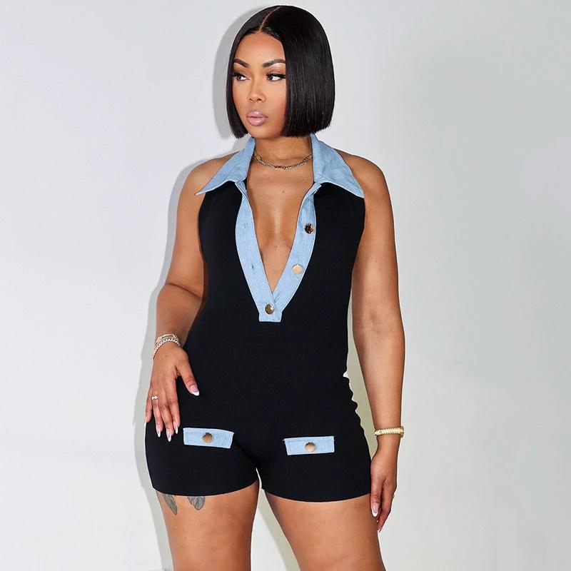 Polo Collar Denim Contrast Colors Slimming Women's Clothing One-piece Shorts by GJG Denim